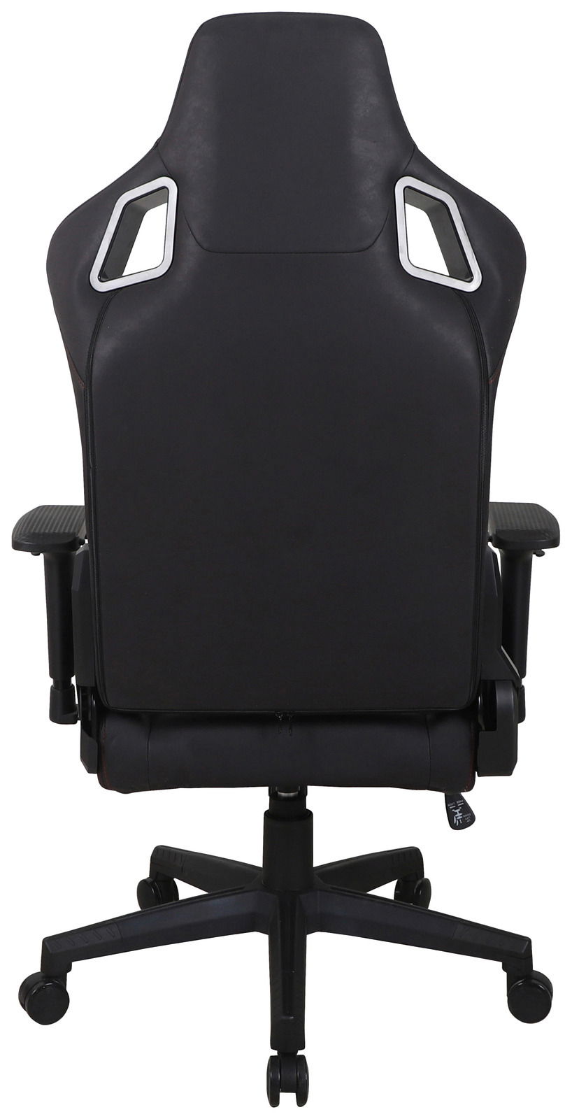 Rückansicht eines schwarzen Gaming-Stuhls mit ergonomischem Design und verstellbaren Armlehnen.