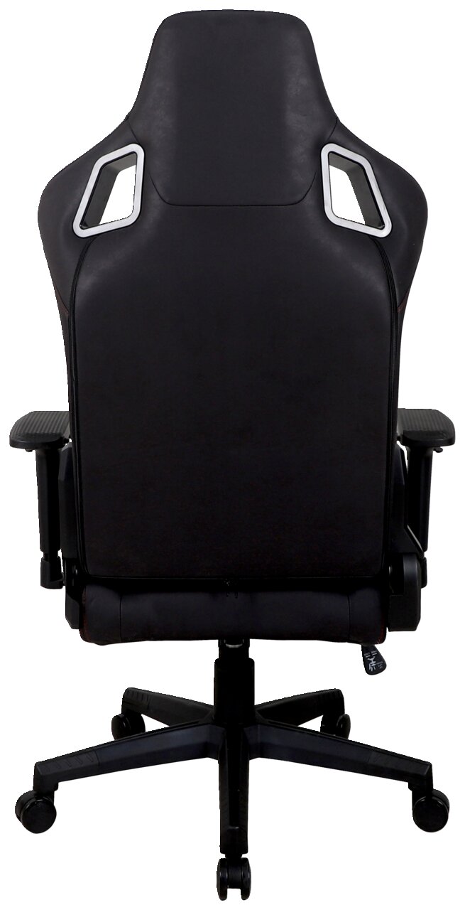 Rückansicht eines schwarzen Gaming-Stuhls mit ergonomischem Design und verstellbaren Armlehnen.
