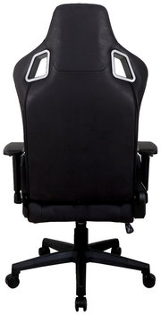 Rückansicht eines schwarzen Gaming-Stuhls mit ergonomischem Design und verstellbaren Armlehnen.
