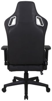 Rückansicht eines schwarzen Gaming-Stuhls mit ergonomischem Design und verstellbaren Armlehnen.