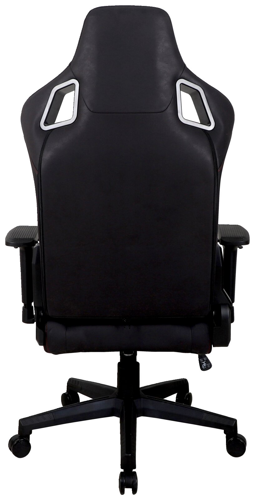 Rückansicht eines schwarzen Gaming-Stuhls mit ergonomischem Design und verstellbaren Armlehnen.