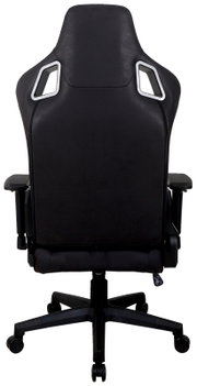 Rückansicht eines schwarzen Gaming-Stuhls mit ergonomischem Design und verstellbaren Armlehnen.