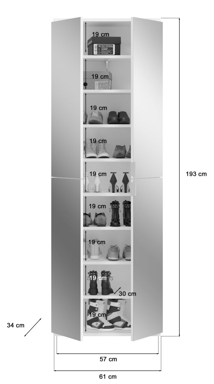 Vorderansicht eines hohen, weißen Garderobenschranks mit mehreren Fächern, gefüllt mit Schuhen und Boxen, Maße: 193 cm hoch, 61 cm breit, 34 cm tief.