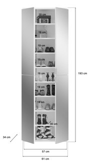 Vorderansicht eines hohen, weißen Garderobenschranks mit mehreren Fächern, gefüllt mit Schuhen und Boxen, Maße: 193 cm hoch, 61 cm breit, 34 cm tief.