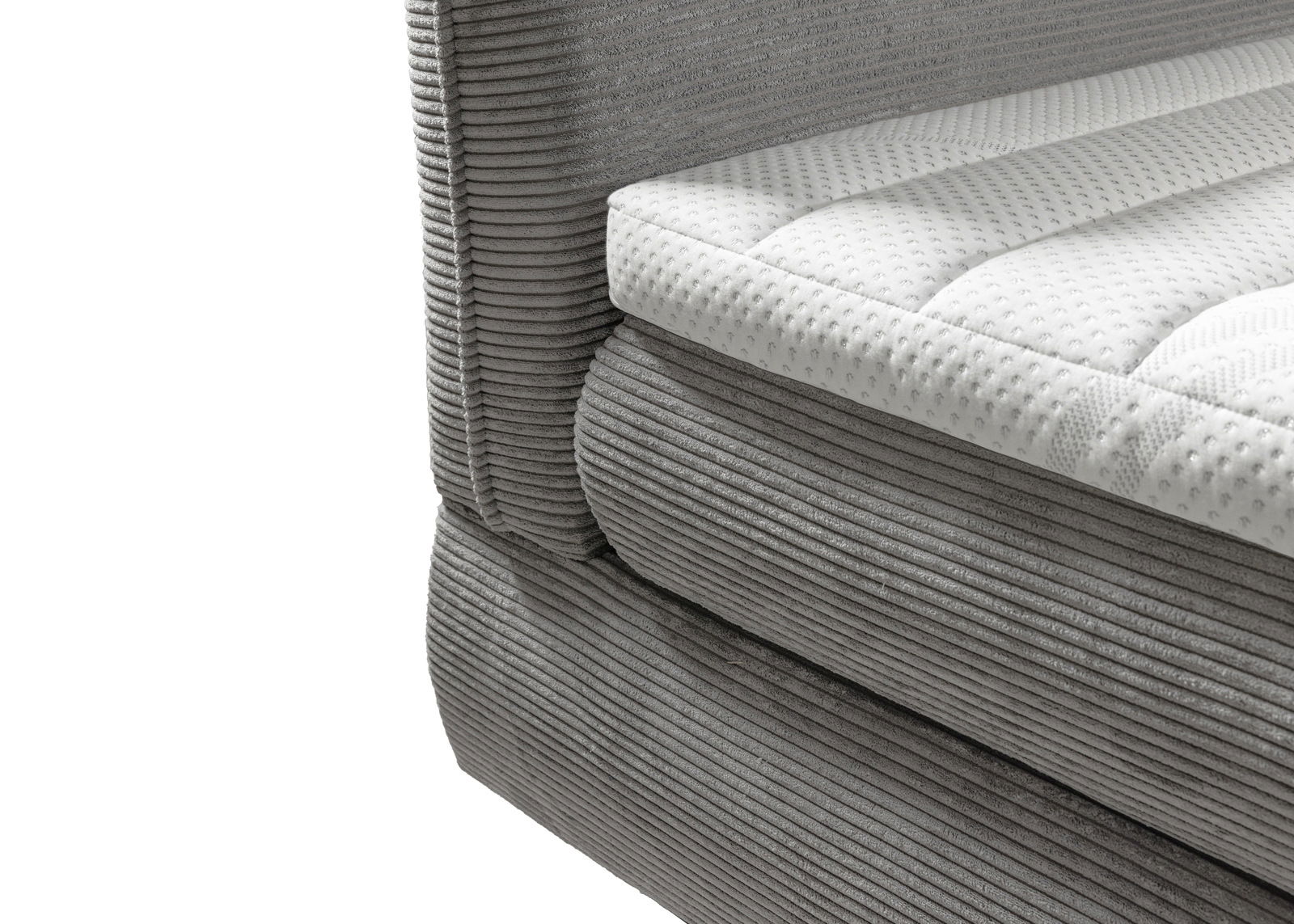 Nahaufnahme eines grauen Boxspringbetts mit gestepptem weißen Topper, seitliche Perspektive