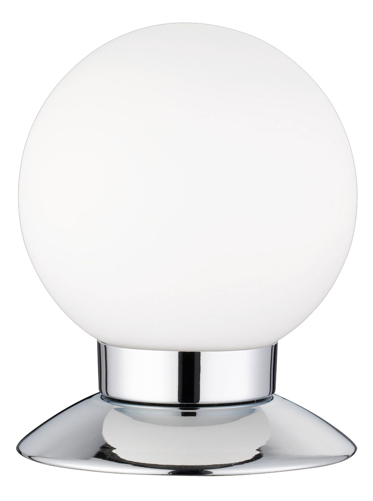 Moderne Tischleuchte PRINCESS mit kugelförmigem, weißem Lampenschirm und glänzendem, verchromtem Sockel, seitliche Perspektive