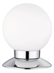 Moderne Tischleuchte PRINCESS mit kugelförmigem, weißem Lampenschirm und glänzendem, verchromtem Sockel, seitliche Perspektive