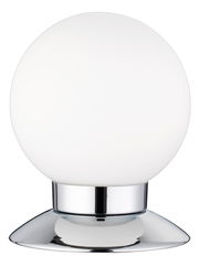 Moderne Tischleuchte PRINCESS mit kugelförmigem, weißem Lampenschirm und glänzendem, verchromtem Sockel, seitliche Perspektive