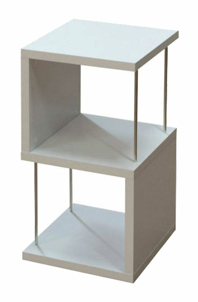 Modernes, zweistufiges Standregal aus Holz mit Metallstangen, seitliche Perspektive