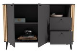 Modernes Sideboard mit offenen Türen und Schubladen, schwarze Oberfläche, Holzdetails an den Seiten, Ansicht von vorne.