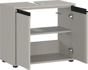 Waschbeckenunterschrank in hellem Holzton mit zwei offenen Türen, Blick von vorne