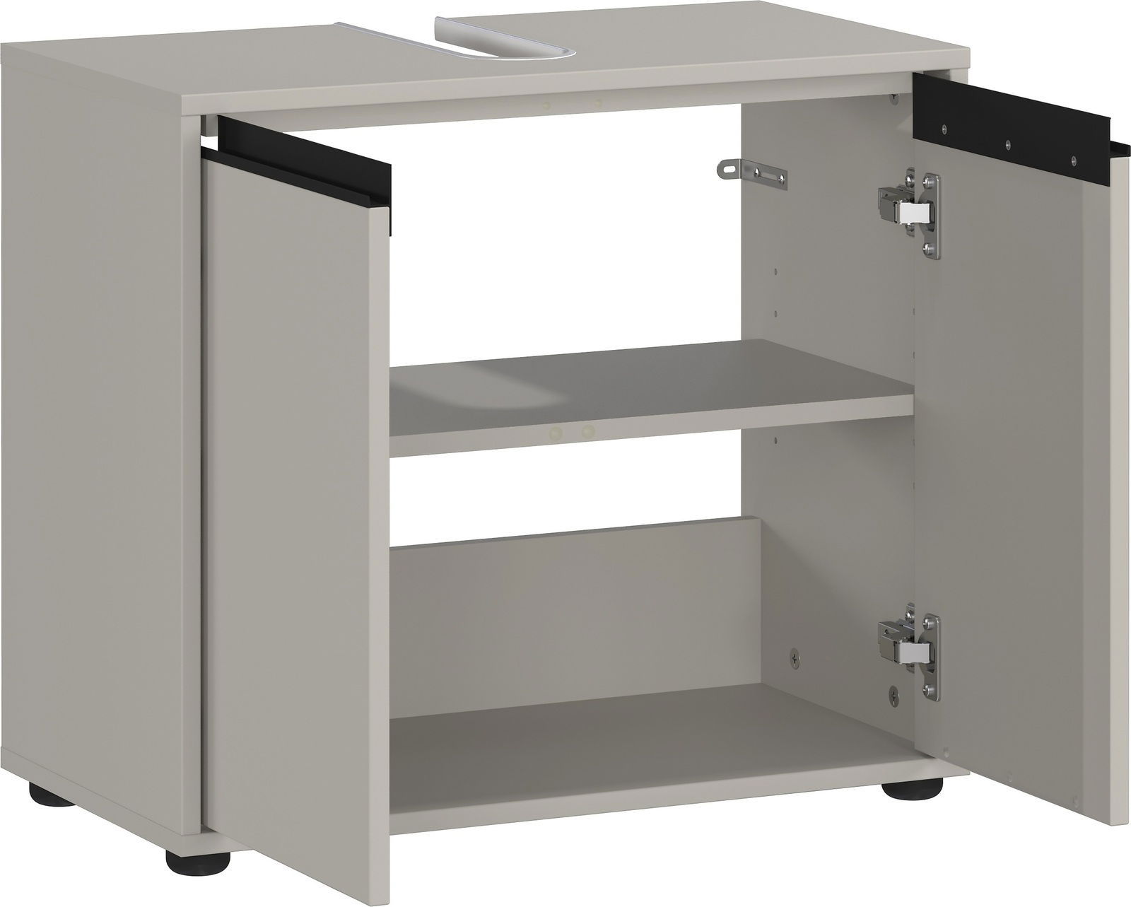 Waschbeckenunterschrank in hellem Holzton mit zwei offenen Türen, Blick von vorne