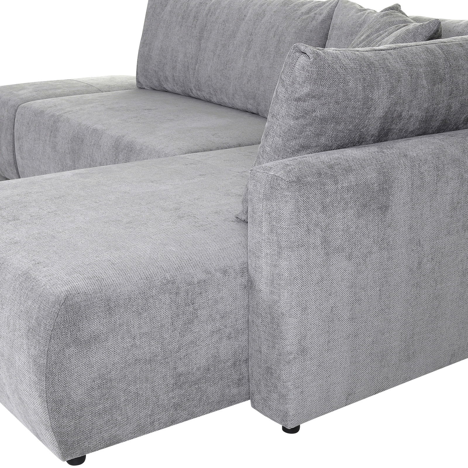 Graues Sofa mit rechter Armlehne, Perspektive von der Seite