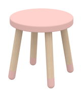 Rosa Hocker mit runder Sitzfläche und vier Holzbeinen, aus leicht erhöhter Perspektive.