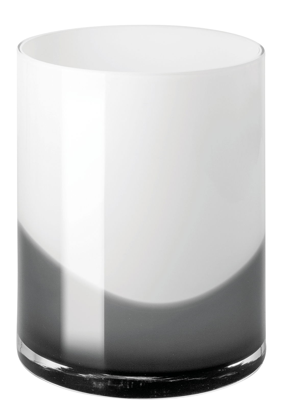 Zylindrische Vase aus Glas mit einem sanften Farbverlauf von Schwarz zu Weiß, seitliche Perspektive