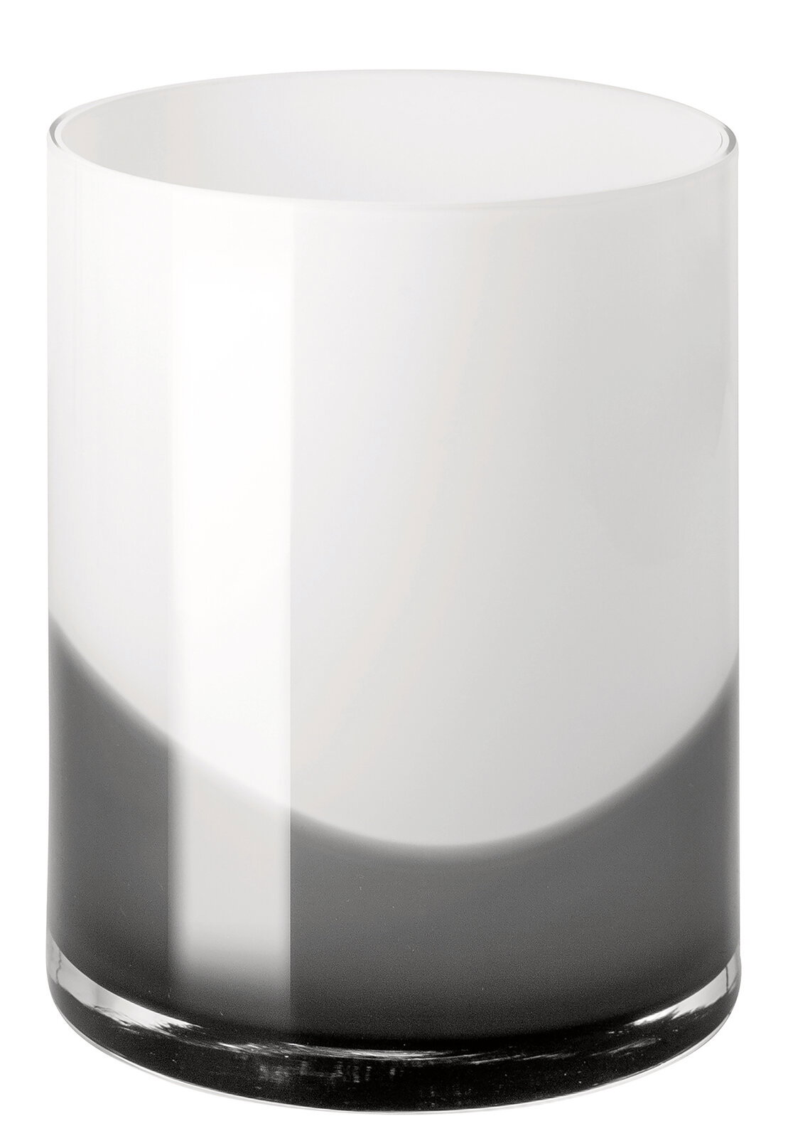 Zylindrische Vase aus Glas mit einem sanften Farbverlauf von Schwarz zu Weiß, seitliche Perspektive