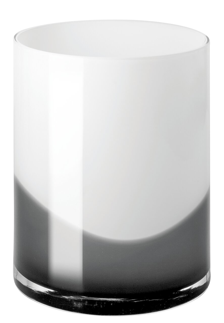 Zylindrische Vase aus Glas mit einem sanften Farbverlauf von Schwarz zu Weiß, seitliche Perspektive