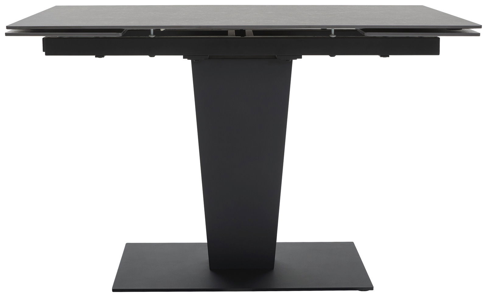 Moderner Esstisch mit rechteckiger Tischplatte und zentralem, trapezförmigem Standfuß, seitliche Perspektive