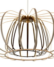 Moderne Pendelleuchte aus Metall mit elegantem, offenem Design in Seitenansicht.