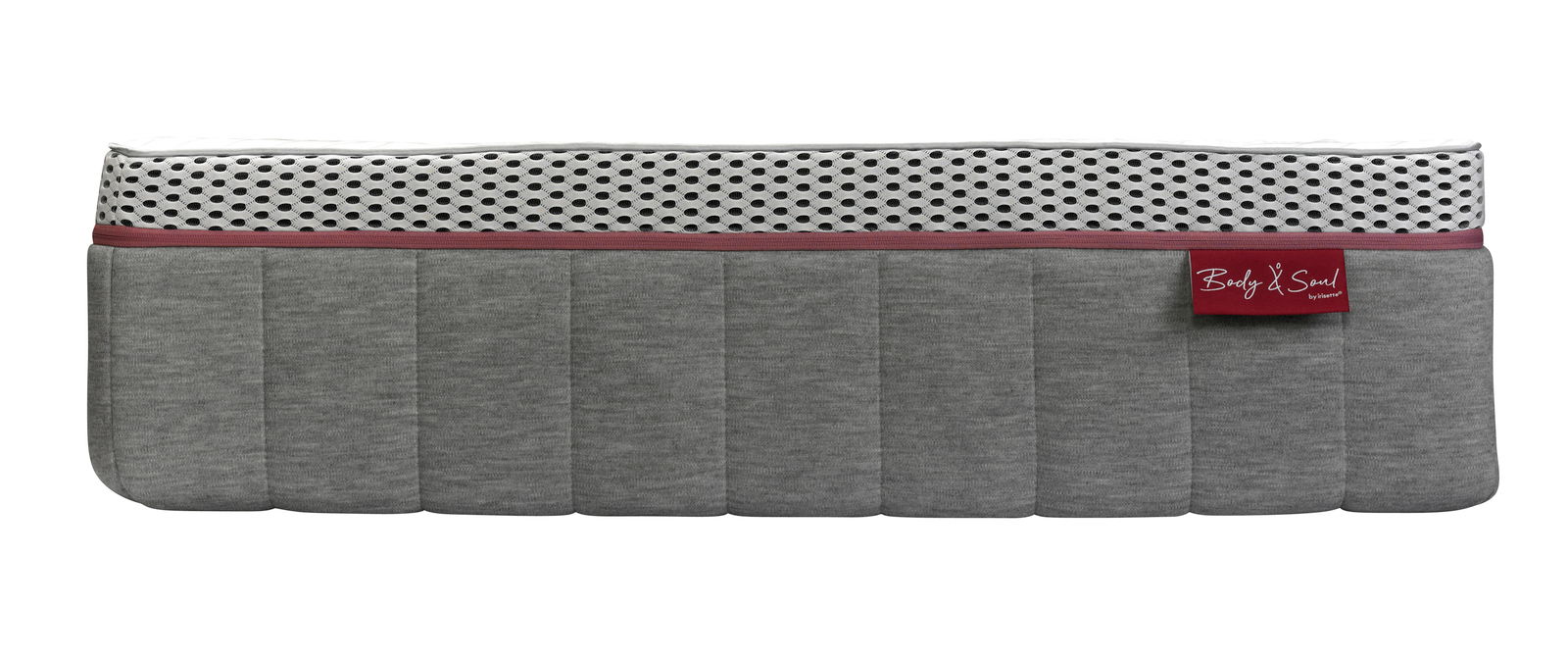 Seitenansicht einer Matratze 90x200 MEDIUM mit grauem Stoffbezug und weißem, atmungsaktivem Mesh-Einsatz.