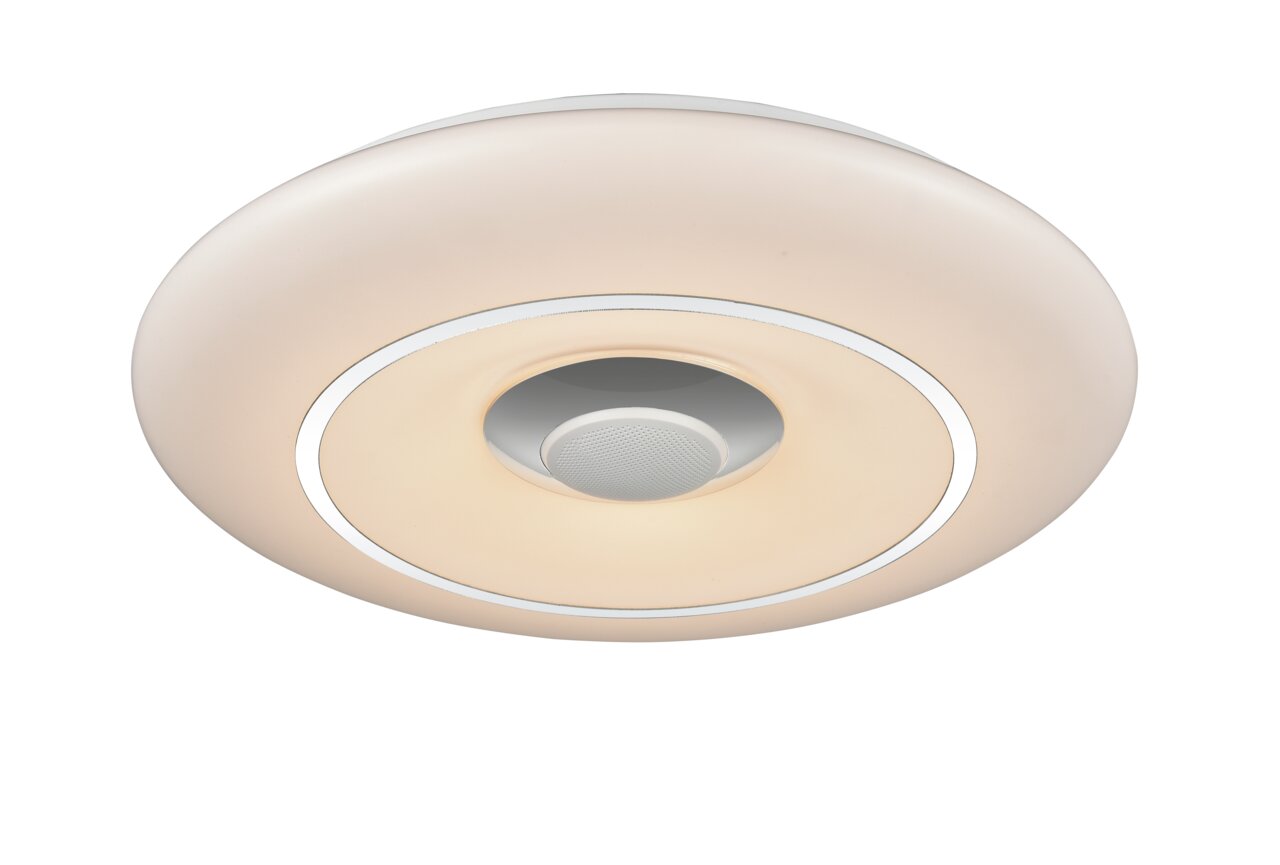 Moderne LED-Deckenleuchte in runder Form, von unten betrachtet, mit einem zentralen Lichtkreis und einem äußeren Leuchtring.