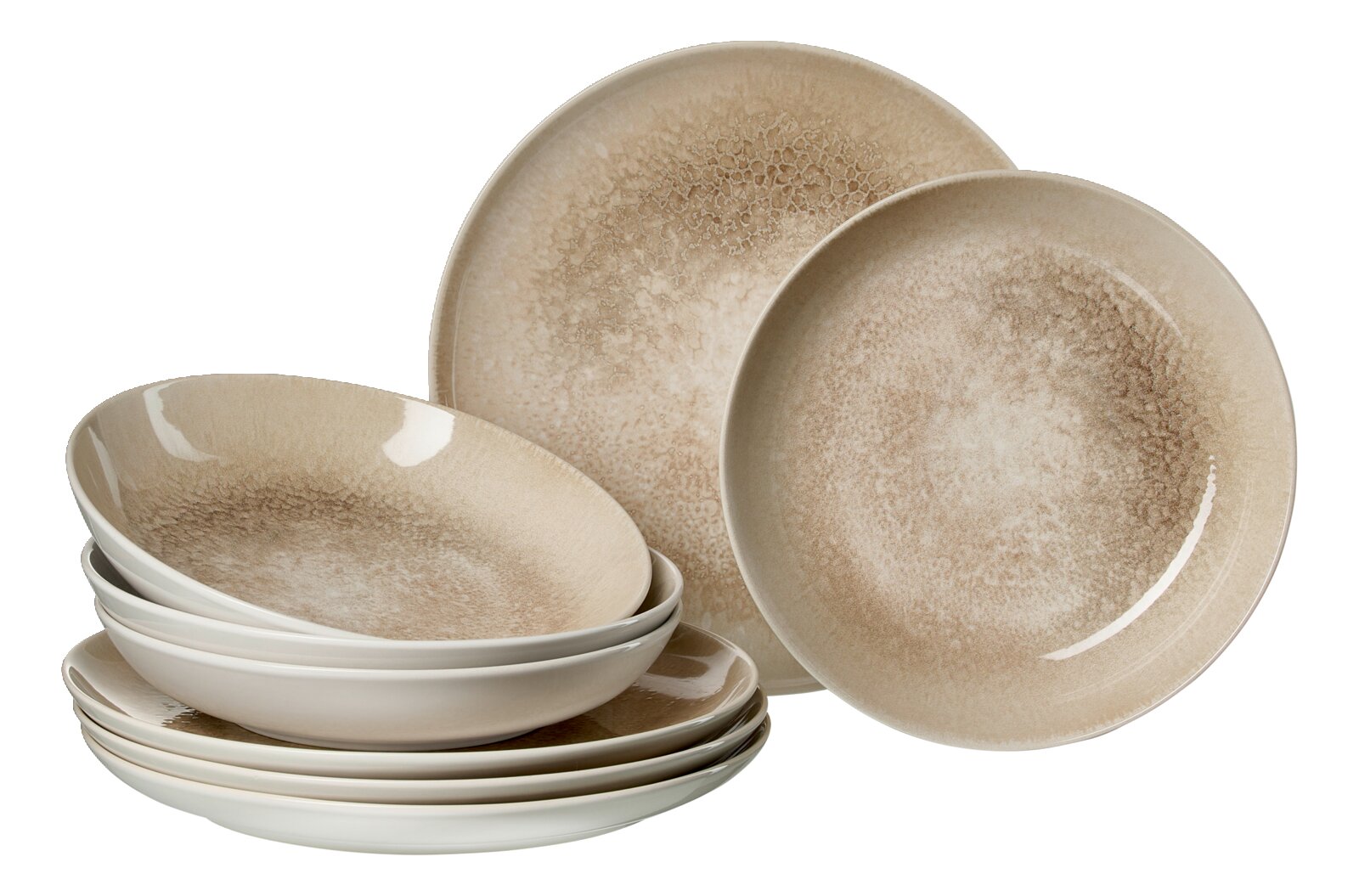 Beiges Tafelset 8-tlg. mit elegantem Muster, seitliche Perspektive