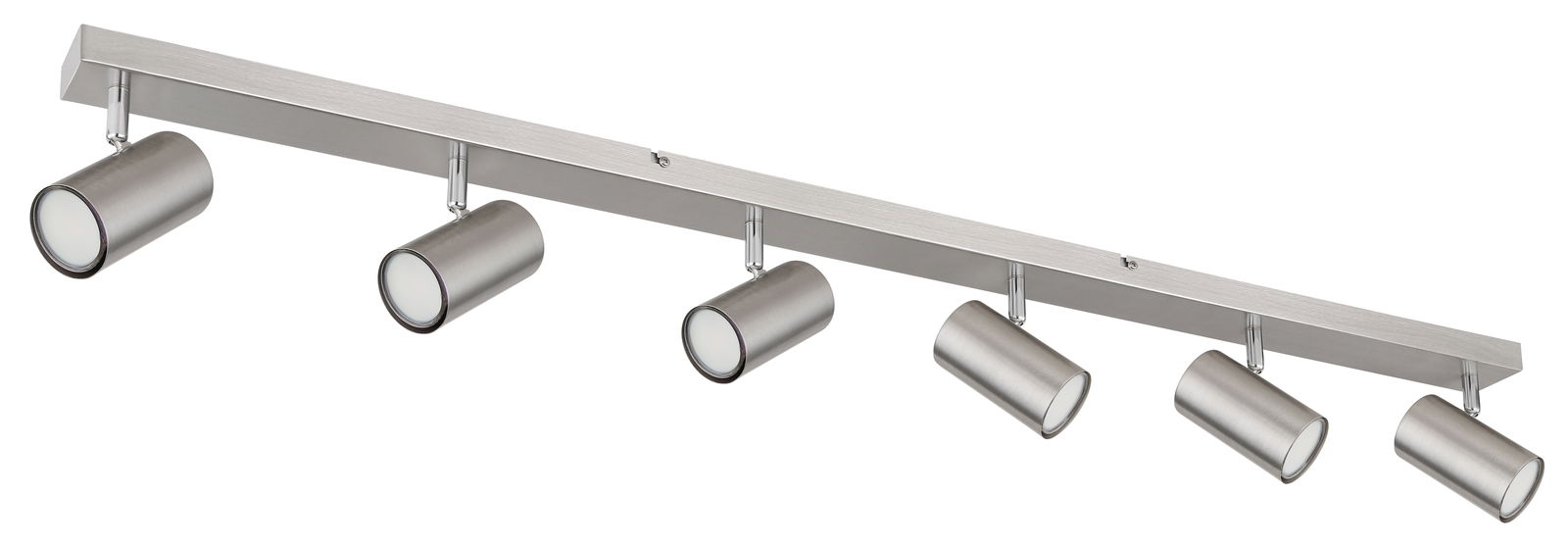 Moderne Deckenleuchte mit fünf verstellbaren Strahlern in gebürstetem Metall, seitliche Perspektive