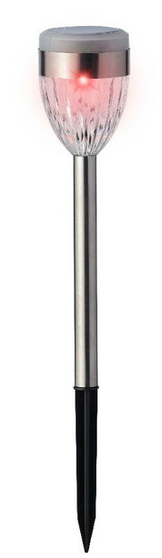 Solar Stabbeleuchtung mit Edelstahlstab und transparentem Lampenschirm, seitliche Perspektive