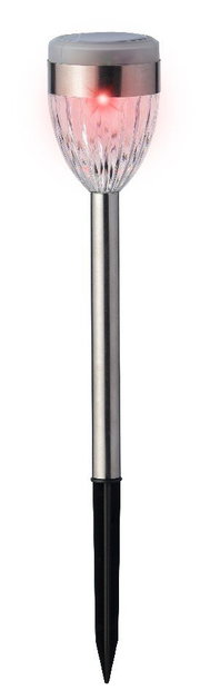 Solar Stabbeleuchtung mit Edelstahlstab und transparentem Lampenschirm, seitliche Perspektive