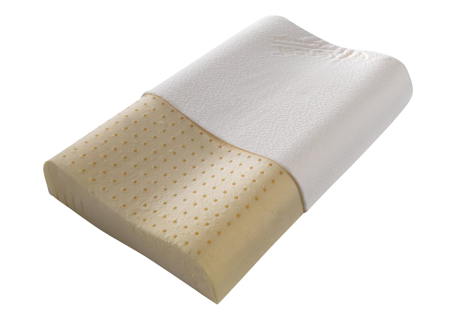 Seitliche Ansicht eines ergonomischen Schlafkissens mit perforiertem Schaumstoffkern und weichem, weißem Bezug.