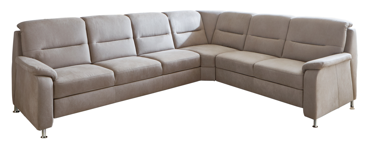 Beldomo Comfort Eckgarnitur ERFURT Eckgarnitur Beldomo Comfort ERFURT in hellbraunem Stoff, perspektivisch von vorne links fotografiert.