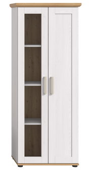 Vitrine mit zwei Türen, eine mit Glaseinsatz, in weißem Holzdesign mit naturfarbener Oberseite, frontale Ansicht