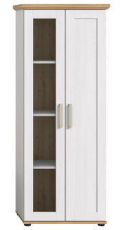 Vitrine mit zwei Türen, eine mit Glaseinsatz, in weißem Holzdesign mit naturfarbener Oberseite, frontale Ansicht