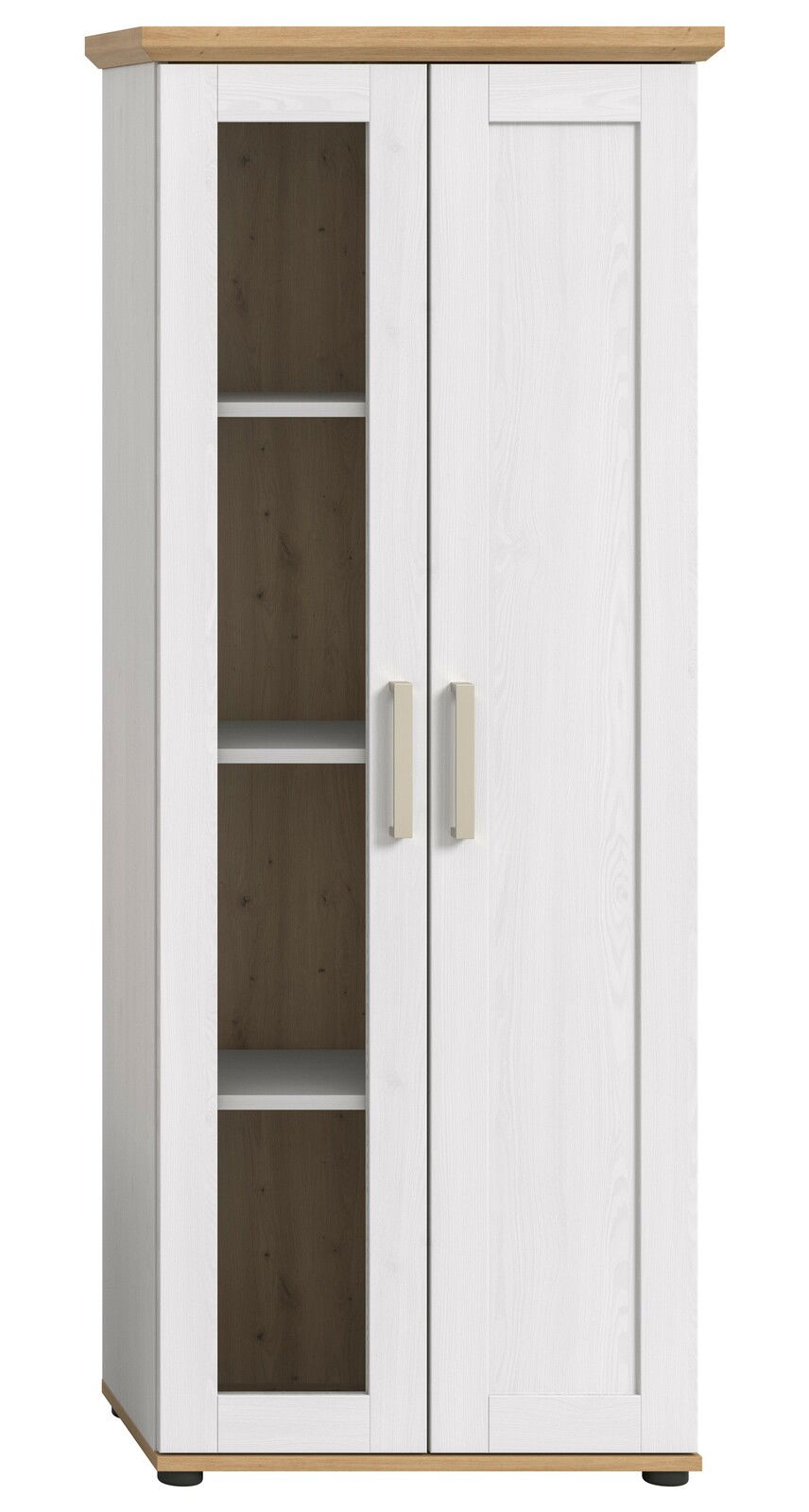 Vitrine mit zwei Türen, eine mit Glaseinsatz, in weißem Holzdesign mit naturfarbener Oberseite, frontale Ansicht