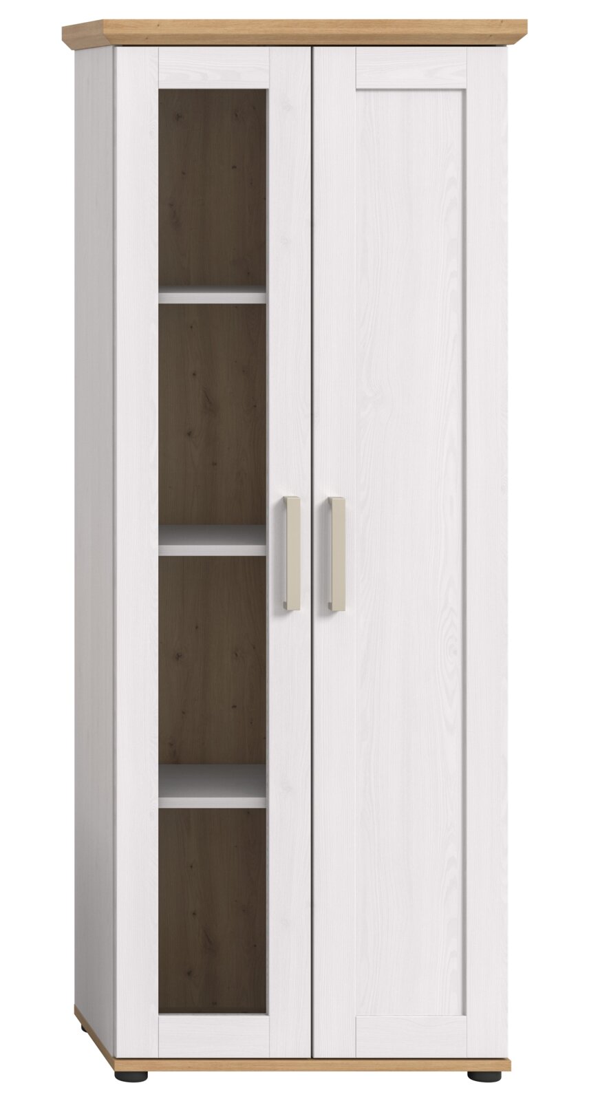 Vitrine mit zwei Türen, eine mit Glaseinsatz, in weißem Holzdesign mit naturfarbener Oberseite, frontale Ansicht