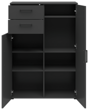 Schwarze Kommode mit zwei offenen Schubladen und sechs offenen Fächern, frontale Ansicht