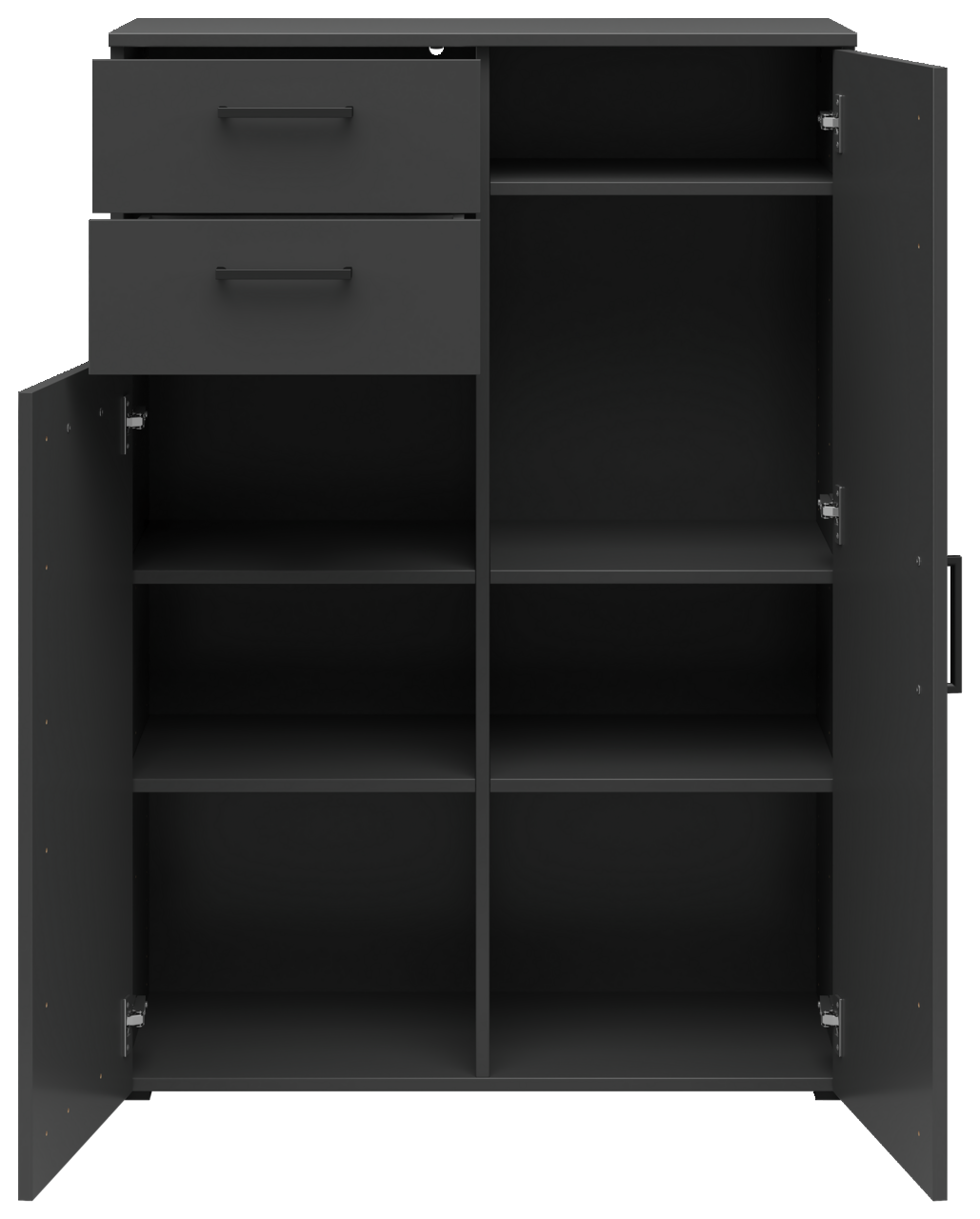 Schwarze Kommode mit zwei offenen Schubladen und sechs offenen Fächern, frontale Ansicht