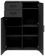 Schwarze Kommode mit zwei offenen Schubladen und sechs offenen Fächern, frontale Ansicht