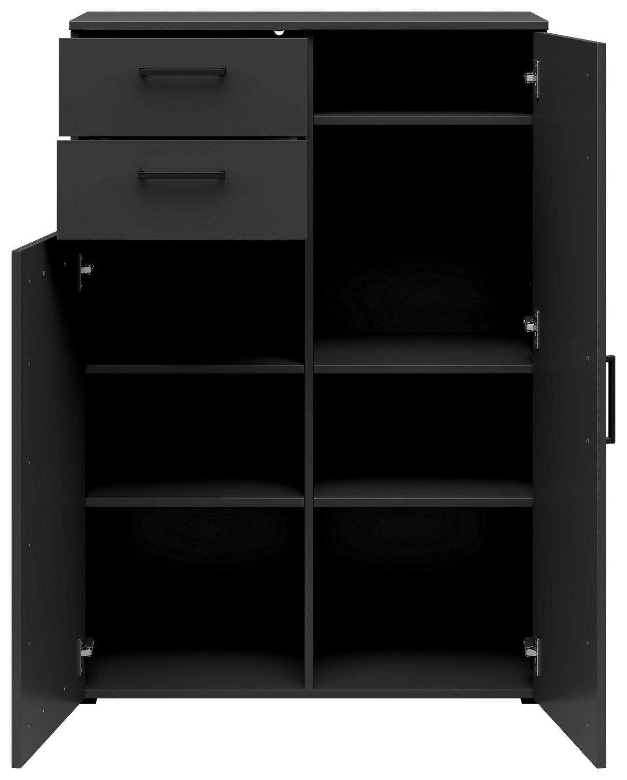 Schwarze Kommode mit zwei offenen Schubladen und sechs offenen Fächern, frontale Ansicht
