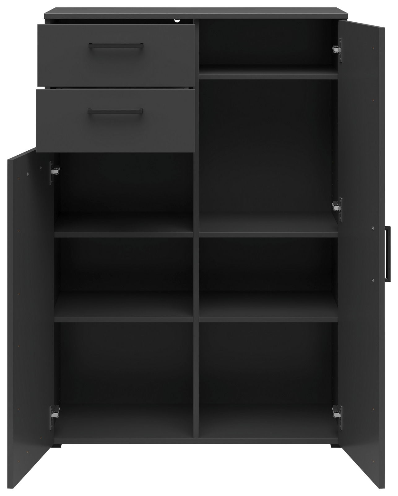 Schwarze Kommode mit zwei offenen Schubladen und sechs offenen Fächern, frontale Ansicht