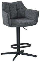 Grauer Barhocker mit gepolsterter Sitzfläche und Rückenlehne, schwarzem Metallgestell und Fußstütze, seitliche Perspektive