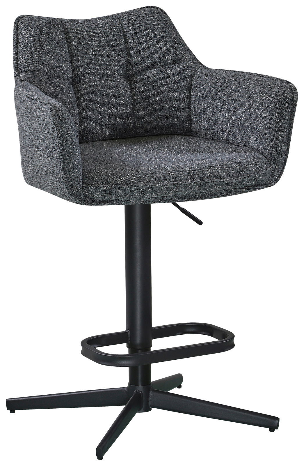 Hom´in Barhocker TWAIN Grauer Barhocker mit gepolsterter Sitzfläche und Rückenlehne, schwarzem Metallgestell und Fußstütze, seitliche Perspektive