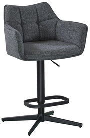 Grauer Barhocker mit gepolsterter Sitzfläche und Rückenlehne, schwarzem Metallgestell und Fußstütze, seitliche Perspektive