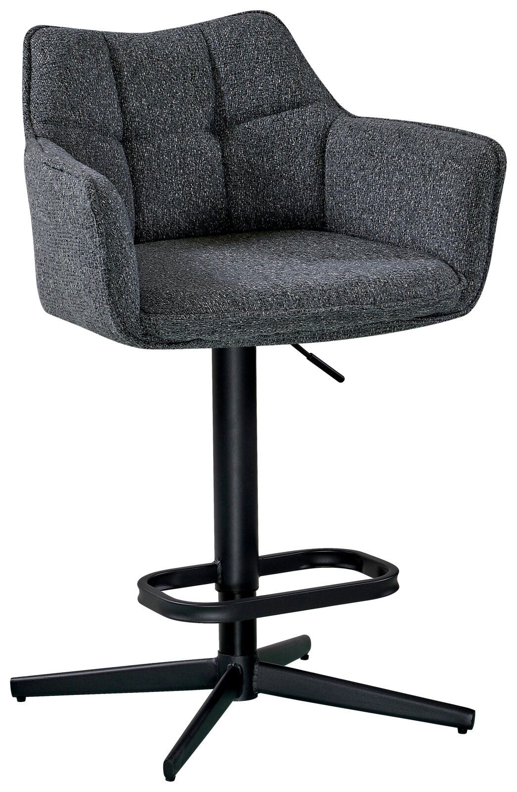 Hom´in Barhocker TWAIN Grauer Barhocker mit gepolsterter Sitzfläche und Rückenlehne, schwarzem Metallgestell und Fußstütze, seitliche Perspektive