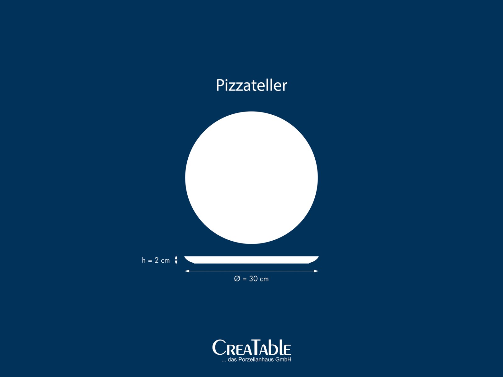 Weißer runder Pizzateller (Ø 30 cm, Höhe ca. 2 cm) in Draufsicht mit zusätzlicher Seitenansicht auf blauem Hintergrund