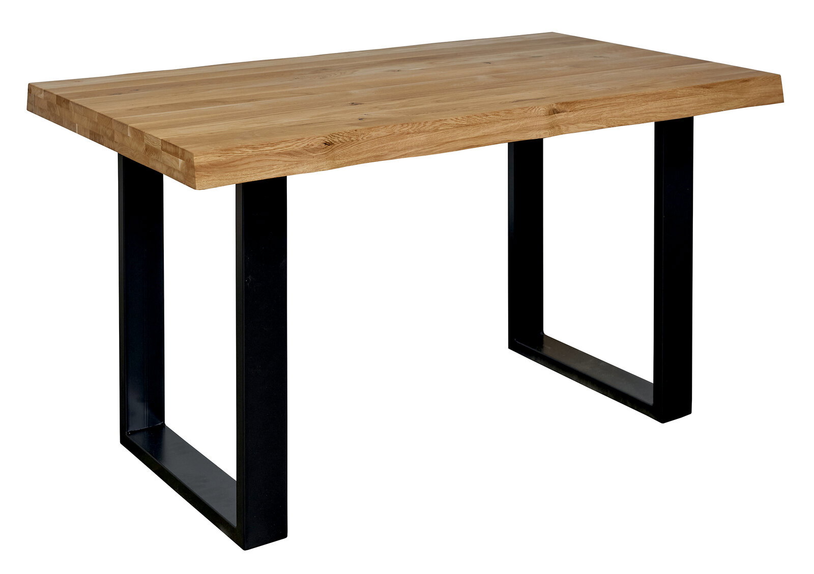Rechteckiger Esstisch mit massiver Holzplatte in Eichenoptik und schwarzen U-förmigen Metallkufen, freigestellt auf weißem Hintergrund, schräg von vorne links fotografiert