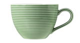 Grüne Kaffeetasse mit horizontalen Streifen, seitliche Ansicht