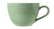 Grüne Kaffeetasse mit horizontalen Streifen, seitliche Ansicht
