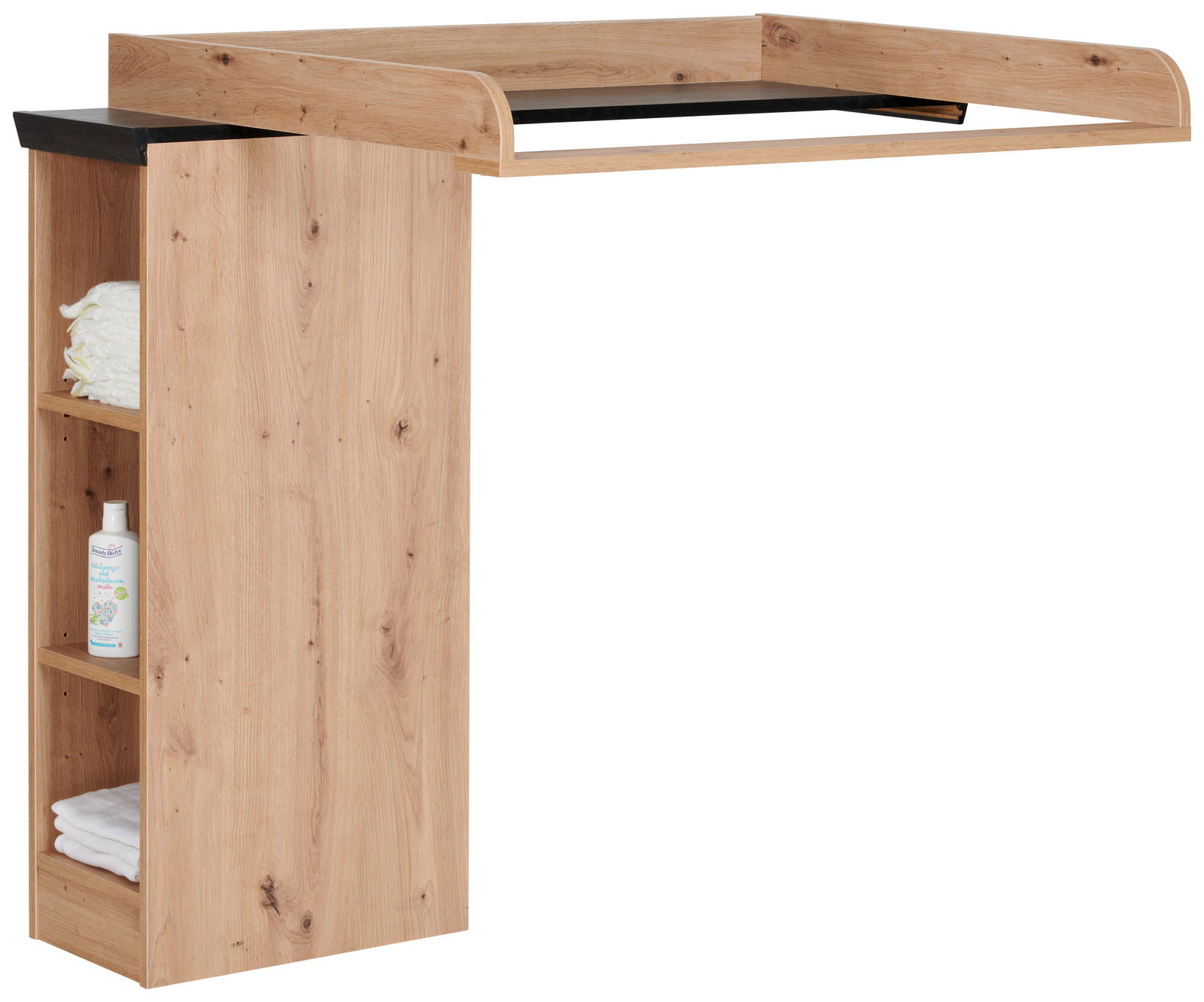 Wickelaufsatz mit Unterstellregal aus Holz in seitlicher Perspektive, mit offenen Regalfächern für Wickelutensilien.