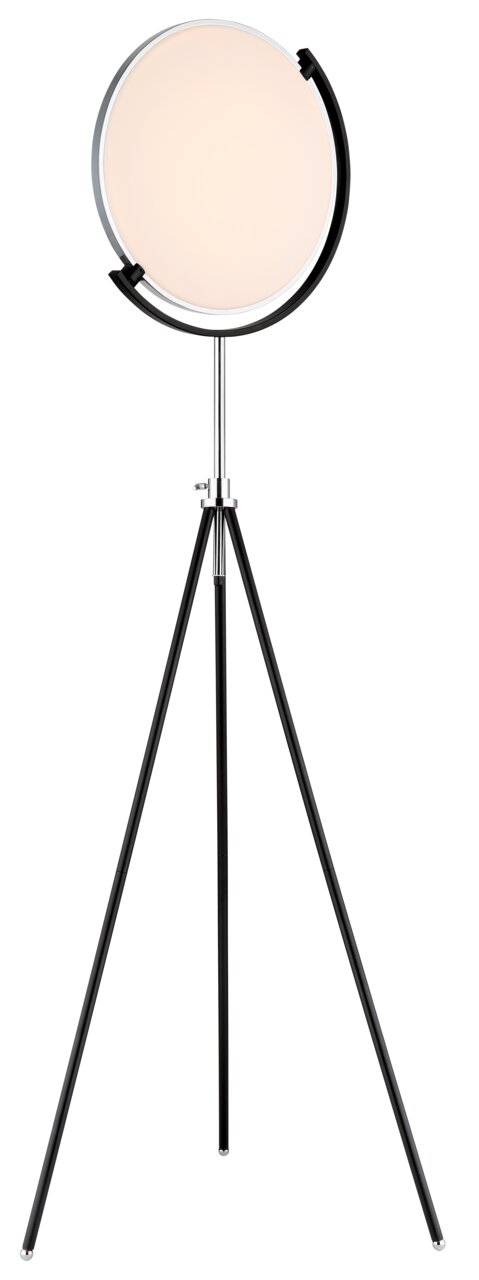 Moderne LED-Stehleuchte mit rundem Lampenschirm auf einem dreibeinigen Stativ, Frontalansicht.